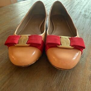 Salvatore Ferragamo Tan and Red Flats with Gold Accent